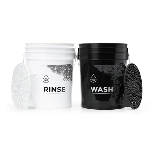 Two buckets for car washing with grit guards labeled "Rinse" and "Wash" for scratch-free car cleaning