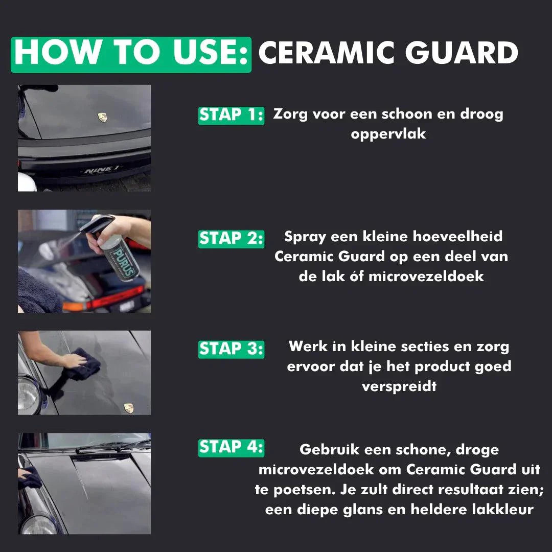 Stapsgewijze uitleg voor het aanbrengen van Ceramic Guard uit de Ultimate Protection Kit voor diepe glans en bescherming van autolak.