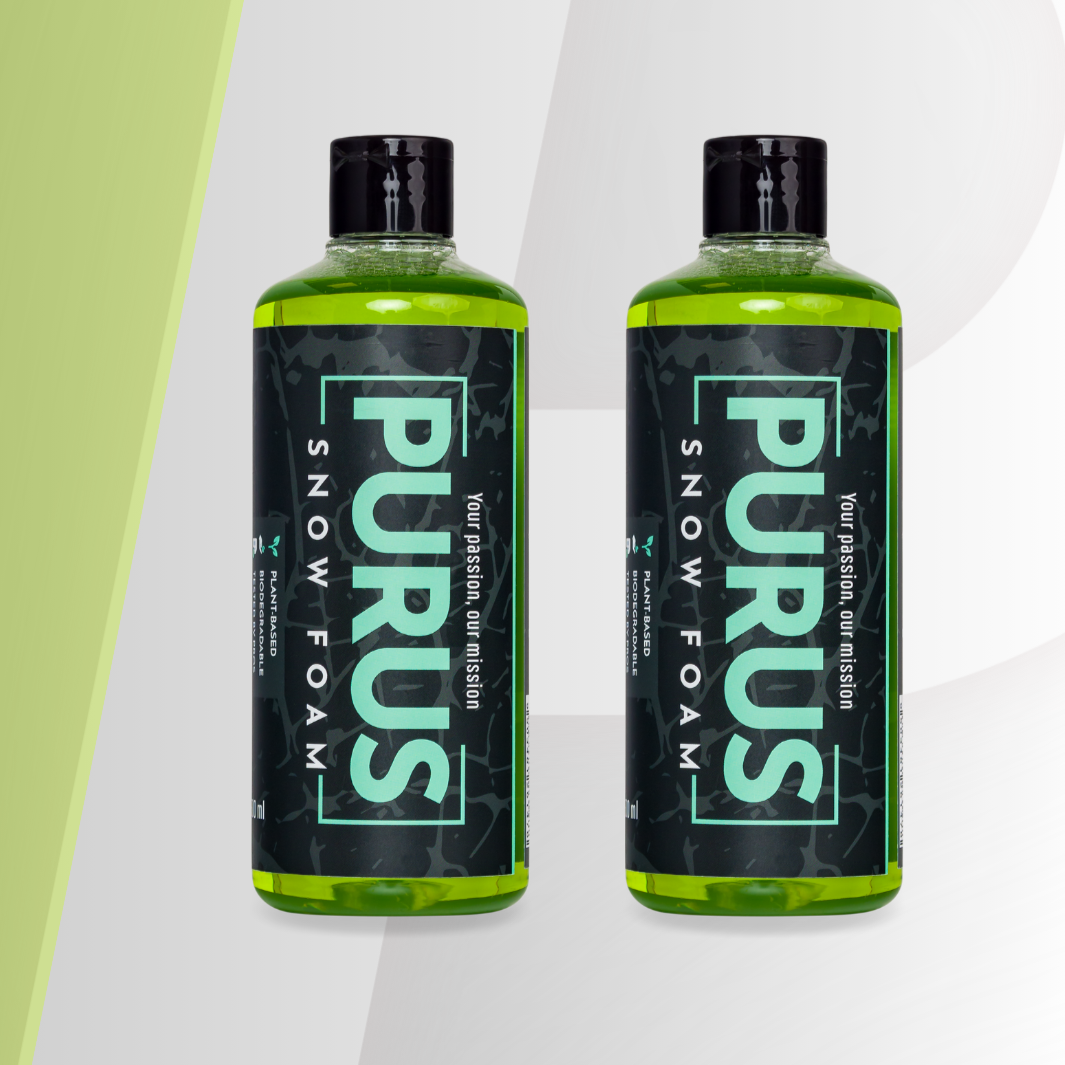 Twee flessen PURUS Snow Foam 500ml met veilige pre-wash en frisse geur, dikke schuimlaag, pH-neutraal en siliconenvrije formule voor het losweken van hardnekkig vuil.