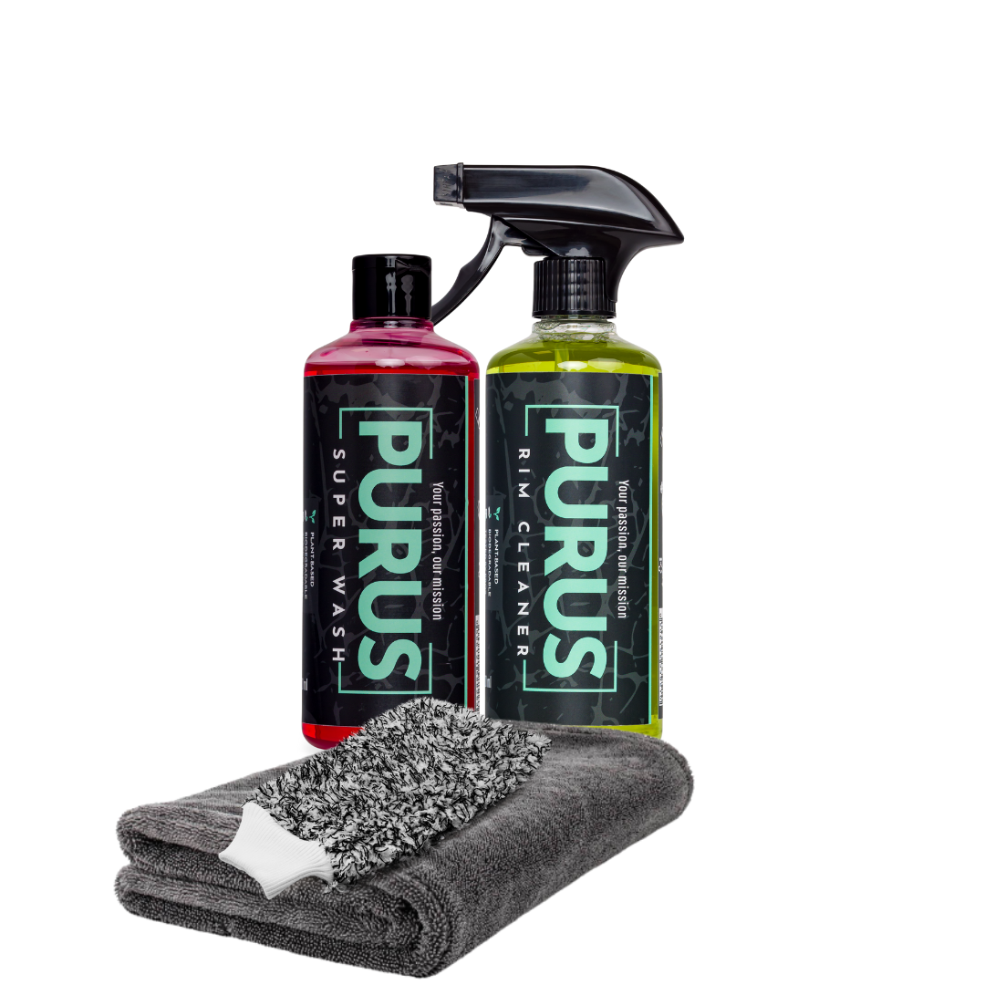 Quick Wash Kit met PURUS Super Wash, Rim Cleaner, microvezel washandschoen en dropdoek voor snelle autoreiniging