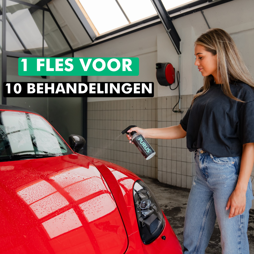 vrouw gebruikt Ceramic Guard 500ML spray voor autobehandeling met glanzende beschermlaag
